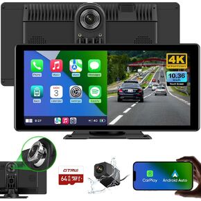10.36" Touchscreen Car Stereo Receive Wireless Apple Carplay & Android Auto with 4K Dash Cam DVR, 1080P Backup Camera, Portable GPS Navigation r Mirror Link Bluetooth, AirPlay, Googel, Siri