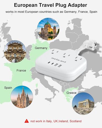 محول قابس السفر الأوروبي، محول قابس من الولايات المتحدة إلى أوروبا مع 3 منافذ و4 USB (2 USB-C)، سلك طاقة أوروبي بطول 5 أقدام، شريط طاقة دولي، النوع C لأوروبا والاتحاد الأوروبي وألمانيا وفرنسا، سفر، أبيض in Saudi Arabia