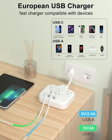 محول قابس السفر الأوروبي، محول قابس من الولايات المتحدة إلى أوروبا مع 3 منافذ و4 USB (2 USB-C)، سلك طاقة أوروبي بطول 5 أقدام، شريط طاقة دولي، النوع C لأوروبا والاتحاد الأوروبي وألمانيا وفرنسا، سفر، أبيض in Saudi Arabia