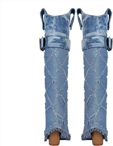Bapolee Women's Fashion-forward Versatile Denim Pointed toe Chunky Heel Over-the-Knee Boots in Saudi Arabia