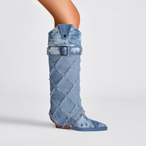 Bapolee Women's Fashion-forward Versatile Denim Pointed toe Chunky Heel Over-the-Knee Boots in Saudi Arabia