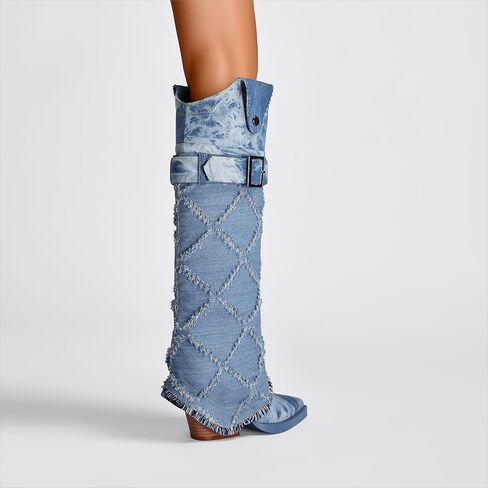 Bapolee Women's Fashion-forward Versatile Denim Pointed toe Chunky Heel Over-the-Knee Boots in Saudi Arabia