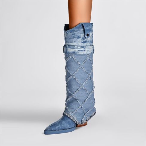 Bapolee Women's Fashion-forward Versatile Denim Pointed toe Chunky Heel Over-the-Knee Boots in Saudi Arabia