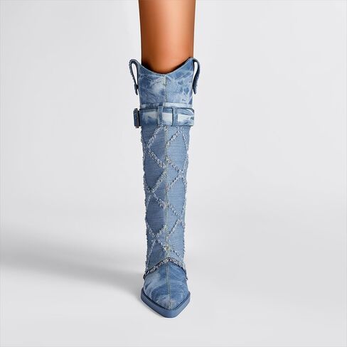 Bapolee Women's Fashion-forward Versatile Denim Pointed toe Chunky Heel Over-the-Knee Boots in Saudi Arabia