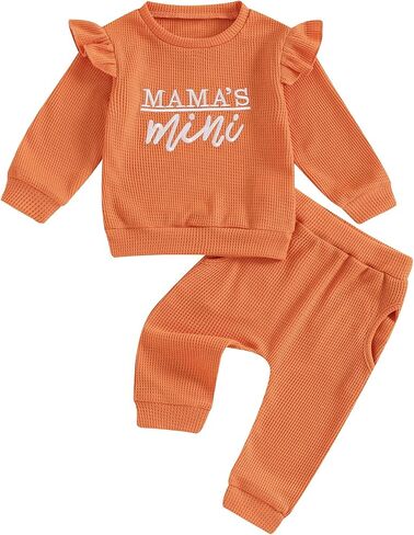 aporake Toddler Baby Girl Fall Winter Clothes Waffle Ruffle Letter Printed Sweatshirt Pullover Tops Pants Sets Knit Outfits in Saudi Arabia