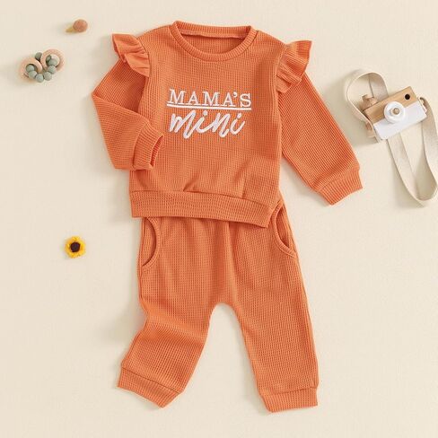 aporake Toddler Baby Girl Fall Winter Clothes Waffle Ruffle Letter Printed Sweatshirt Pullover Tops Pants Sets Knit Outfits in Saudi Arabia