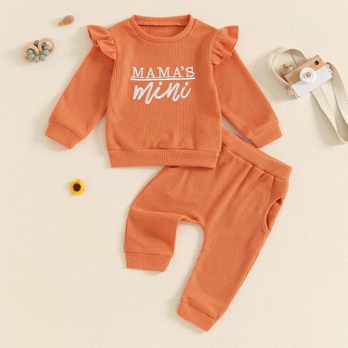 aporake Toddler Baby Girl Fall Winter Clothes Waffle Ruffle Letter Printed Sweatshirt Pullover Tops Pants Sets Knit Outfits in Saudi Arabia