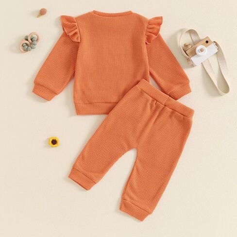 aporake Toddler Baby Girl Fall Winter Clothes Waffle Ruffle Letter Printed Sweatshirt Pullover Tops Pants Sets Knit Outfits in Saudi Arabia