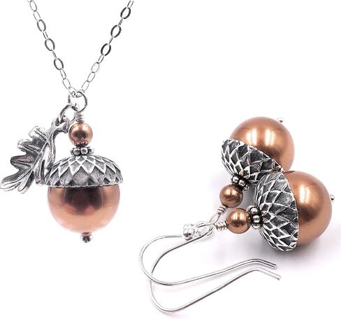 Dashe Designs Handmade Acorn Jewelry Set with Oak Leaf, Acorn Necklace Earrings Copper Colored Simulated Pearls, 18 inches in Kuwait