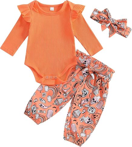 Newborn Baby Girl Halloween Clothes Ruffle Long Sleeve Solid Color Romper Tops Pumpkin Pants Set Fall Outfit in Saudi Arabia