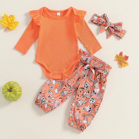 Newborn Baby Girl Halloween Clothes Ruffle Long Sleeve Solid Color Romper Tops Pumpkin Pants Set Fall Outfit in Saudi Arabia