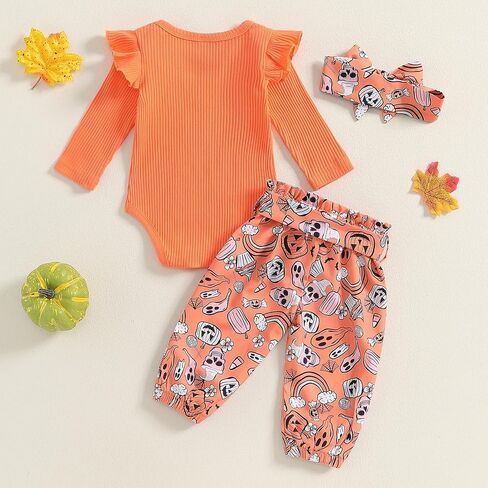 Newborn Baby Girl Halloween Clothes Ruffle Long Sleeve Solid Color Romper Tops Pumpkin Pants Set Fall Outfit in Saudi Arabia