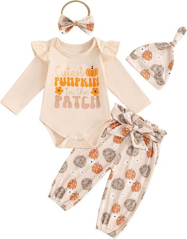 Newborn Baby Girl Halloween Clothes Ruffle Long Sleeve Solid Color Romper Tops Pumpkin Pants Set Fall Outfit in Saudi Arabia