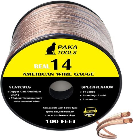 PAKA TOOLS كابل مكبر صوت عالي الأداء مصنوع من الألومنيوم المغطى بالنحاس (CCA) بطول 100 قدم - كابل سلك مكبر صوت مثالي للسينما المنزلية وكابلات مكبر صوت للسيارة / أسلاك مكبر صوت (14 قياس 100 قدم) in Kuwait