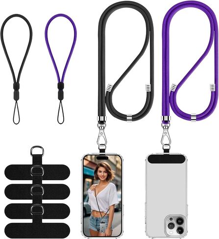 حبل للهاتف الخلوي، حبل عالمي 2× للهاتف حول الجسم للنساء، 2× حزام هاتف للمعصم و4× موصلات مطورة متوافقة مع معظم الهواتف (أسود أسود) in Kuwait