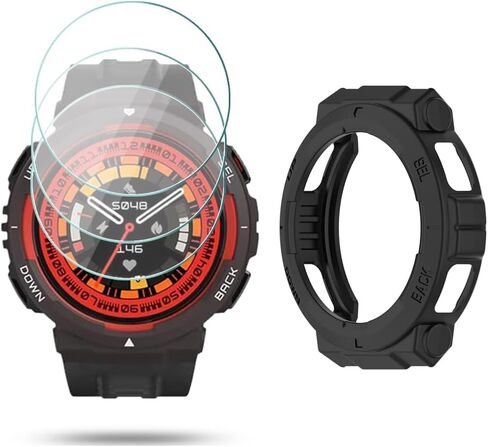 واقي شاشة ساعة HUADU (3+1 حزمة) متوافق مع Amazfit Active Edge، طبقة من الزجاج المقسى مضادة للخدش، تغطية كاملة عالية الوضوح وحافظة واقية ناعمة من مادة TPU، أسود in Kuwait