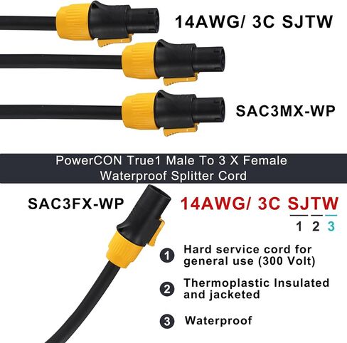 1 to 3 Outlet powerCON Cable - 3FT 14AWG PowerCon True1 Male to 3X Female Extension Y Splitter Cable, Heavy Duty Outdoor 20A Waterproof True Connector for Stage Light/Speaker(SAC3MX - SAC3FX) in Saudi Arabia