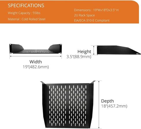 2U Cantilever Server Rack Shelf 18inch Deep- Universal Vented Rack Mount Tray for 19inch Network Equipment Rack & Cabinet, Weight Capacity 55lb, Black in Saudi Arabia