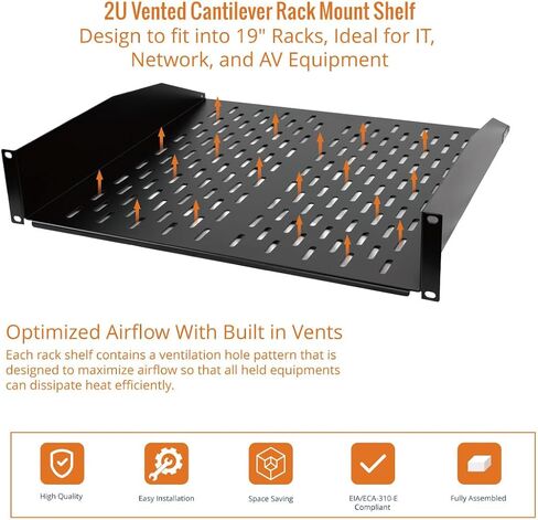 2U Cantilever Server Rack Shelf 18inch Deep- Universal Vented Rack Mount Tray for 19inch Network Equipment Rack & Cabinet, Weight Capacity 55lb, Black in Saudi Arabia