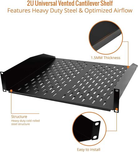 2U Cantilever Server Rack Shelf 18inch Deep- Universal Vented Rack Mount Tray for 19inch Network Equipment Rack & Cabinet, Weight Capacity 55lb, Black in Saudi Arabia
