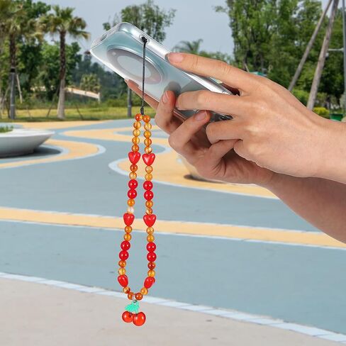 Beaded Phone Wrist Strap, Crystal Cherry Phone Charm Strap Lanyard with Red Love Beaded Cell Phone Wrist String for Women Girls Universal Phone Case Accessory in Saudi Arabia