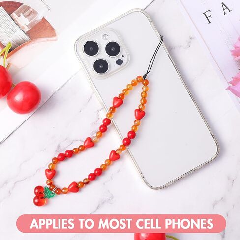 Beaded Phone Wrist Strap, Crystal Cherry Phone Charm Strap Lanyard with Red Love Beaded Cell Phone Wrist String for Women Girls Universal Phone Case Accessory in Saudi Arabia