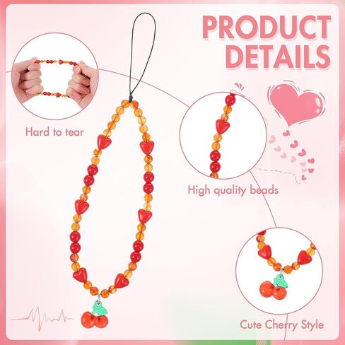 Beaded Phone Wrist Strap, Crystal Cherry Phone Charm Strap Lanyard with Red Love Beaded Cell Phone Wrist String for Women Girls Universal Phone Case Accessory in Saudi Arabia