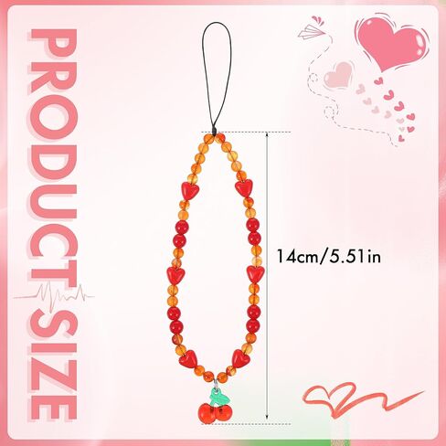 Beaded Phone Wrist Strap, Crystal Cherry Phone Charm Strap Lanyard with Red Love Beaded Cell Phone Wrist String for Women Girls Universal Phone Case Accessory in Saudi Arabia