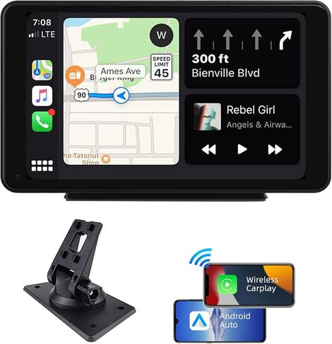 شاشة بليمبتون 2024 المحمولة Apple Carplay/Android للسيارة، شاشة لمس IPS 7 بوصة تعمل باللمس، مشغل وسائط متعددة للسيارة مع التحكم الصوتي، BT، FM، وصلة مرآة لجميع المركبات in Kuwait