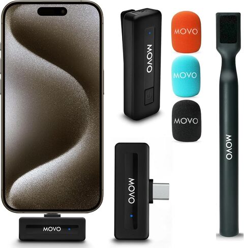 Movo Wireless Mini DI Duo Dual Ultra Compact Wireless Lavalier Microphones for iPhone with Handheld Adapter - Lapel Mic with Handle Mount for Content Creators, Interviews, Reporting and More in Kuwait