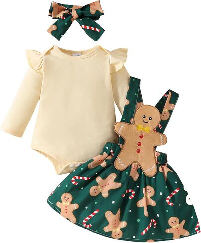 Infant Baby Girl Christmas Outfit Long Sleeve Romper Skirt Set Santa Gingerbread Suspender Dress 3Pcs Clothes Set in Saudi Arabia