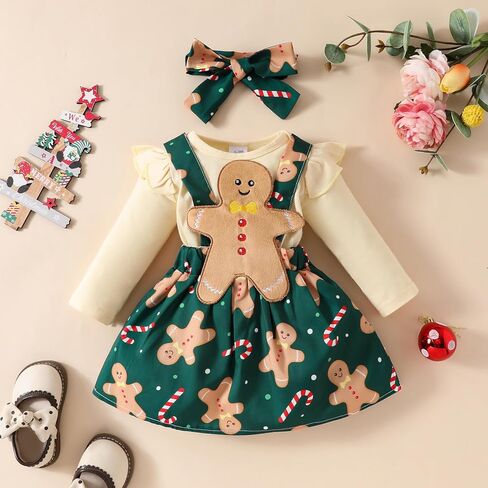 Infant Baby Girl Christmas Outfit Long Sleeve Romper Skirt Set Santa Gingerbread Suspender Dress 3Pcs Clothes Set in Saudi Arabia