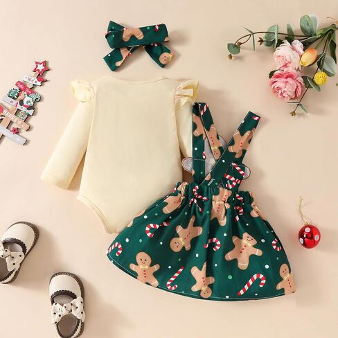 Infant Baby Girl Christmas Outfit Long Sleeve Romper Skirt Set Santa Gingerbread Suspender Dress 3Pcs Clothes Set in Saudi Arabia
