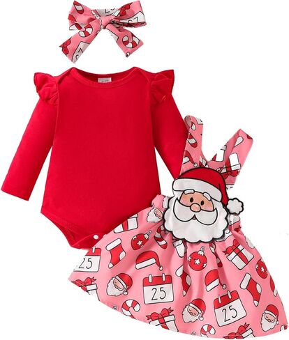 Infant Baby Girl Christmas Outfit Long Sleeve Romper Skirt Set Santa Gingerbread Suspender Dress 3Pcs Clothes Set in Saudi Arabia