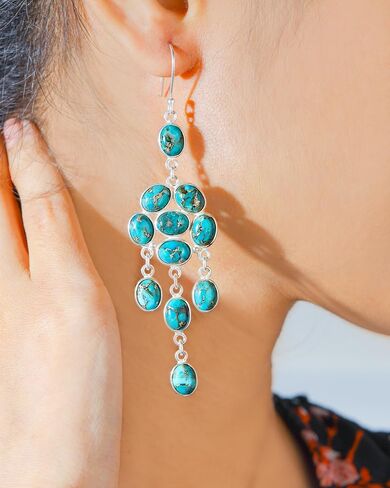 YoTreasure 925 الفضة الاسترليني Moonstone الأزرق النحاس الفيروز أقراط الثريا المتدلية in Saudi Arabia
