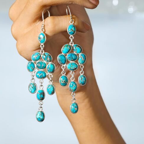 YoTreasure 925 الفضة الاسترليني Moonstone الأزرق النحاس الفيروز أقراط الثريا المتدلية in Saudi Arabia