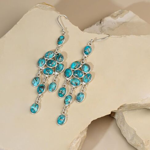 YoTreasure 925 الفضة الاسترليني Moonstone الأزرق النحاس الفيروز أقراط الثريا المتدلية in Saudi Arabia