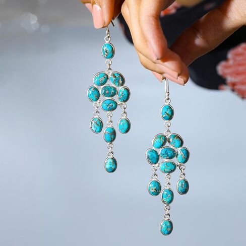 YoTreasure 925 الفضة الاسترليني Moonstone الأزرق النحاس الفيروز أقراط الثريا المتدلية in Saudi Arabia