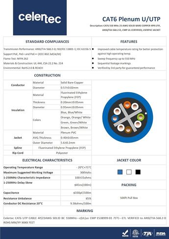 Cat6 Plenum Cable, 500ft, UTP(Unshielded Twisted Pair), 23AWG Solid Bare Copper, 550MHz, UL Listed &CMP Rated,Bulk Ethernet Cable-Blue in Saudi Arabia