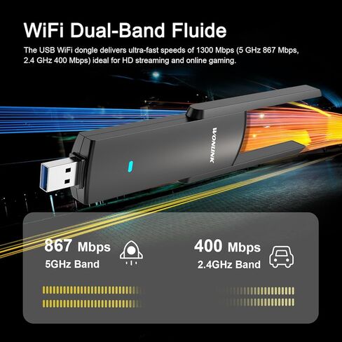 محول WONLILNK USB WiFi للكمبيوتر الشخصي، ثنائي النطاق 5G 2.4G WiFi Dongle 802.11AC 1300Mbps محول شبكة لاسلكي للكمبيوتر المحمول المكتبي، متوافق مع Windows 8/8.1/10/11، Mac OS 10.9-10.15 in Kuwait