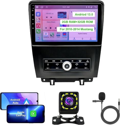 ستيريو سيارة Android 13 مقاس 10.1 بوصة لسيارة Ford Mustang 2010-2014: راديو بشاشة تعمل باللمس 2G+32G مع CarPlay وAndroid Auto، وBluetooth، وGPS، وWiFi، وSWC، وراديو FM وRDS، وكاميرا احتياطية AHD، وميكروفون in Saudi Arabia