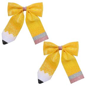 Back to School Hair Clips Pencil Hair Bows Clip for Kids Girls Glitter Yellow Bowknot Alligator Clips Hairpins for First Day of School Kindergarten New Grade Students Hair Accessories 2PCS(Type D)