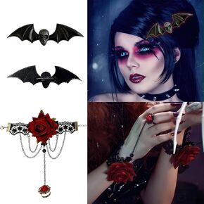 Halloween Skull Bat Dark Punk Hair Clips Rose Vintage Bracelet Wristbands Halloween Costume Decoration Set for Women Girls Gothic Cosplay Death of The Day Carnival Costume Accessories