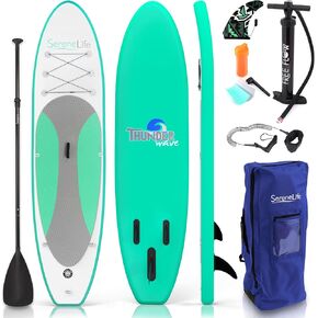 SereneLife Inflatable Stand Up Paddle Board (6 Inches Thick) with Premium SUP Accessories, Seat & Carry Bag | Bottom Fin for Paddling, Surf Control, Non-Slip Deck | Youth & Adult Standing Boat