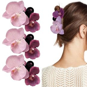 3 PCS Orchid Hair Claw Clips Purple Hawaiian Flower Pearl Hair Clip Large Stylish Anti-slip Floral Barrettes for Thick Hair Summer Y2K Butterfly Hairpin Hair Accessories for Women Girls Headpiece