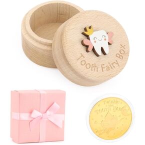 WALLFID Tooth Fairy Box for Lost Teeth For Kids, Wooden Tooth Box Cute 3D Tooth Storage Box Tooth Keepsake Box with Tooth Fairy Coin, Gift box
