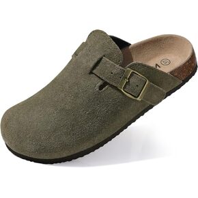 KIDMI Women's Suede Clogs Leather Mules Cork Footbed Sandals Potato Shoes with Arch Support Army Green 39 (Size 7.5-8)