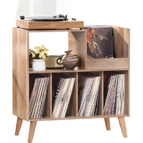 LELELINKY Large Record Player Stand, Turntable Stand with Storage, Vinyl Record Holder with Display Area, Record Player Table Holds Up to 300 Albums, Record Stand for Music Room Living Room-Oak