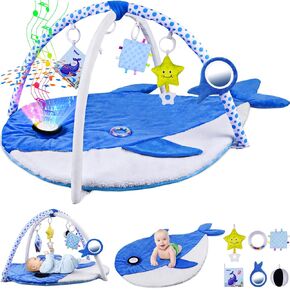 Baby Play Gym Mat w Projector, Tummy Time Mat w 6 Detachable Toys for Newborn, Oversize Whale Shaped Activity Mat for Baby 0-3 6 9 12 Months, Musical/Motor Skill Development Baby Essentials Gift