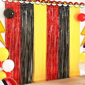 Cartoon Monster Birthday Party Decoration, 2 Pack Animation Themed Photo Booth Prop, Red Black Yellow Foil Fringe Curtains Tinsel Photo Streamers Backdrop for Cartoon Birthday Party Supplies
